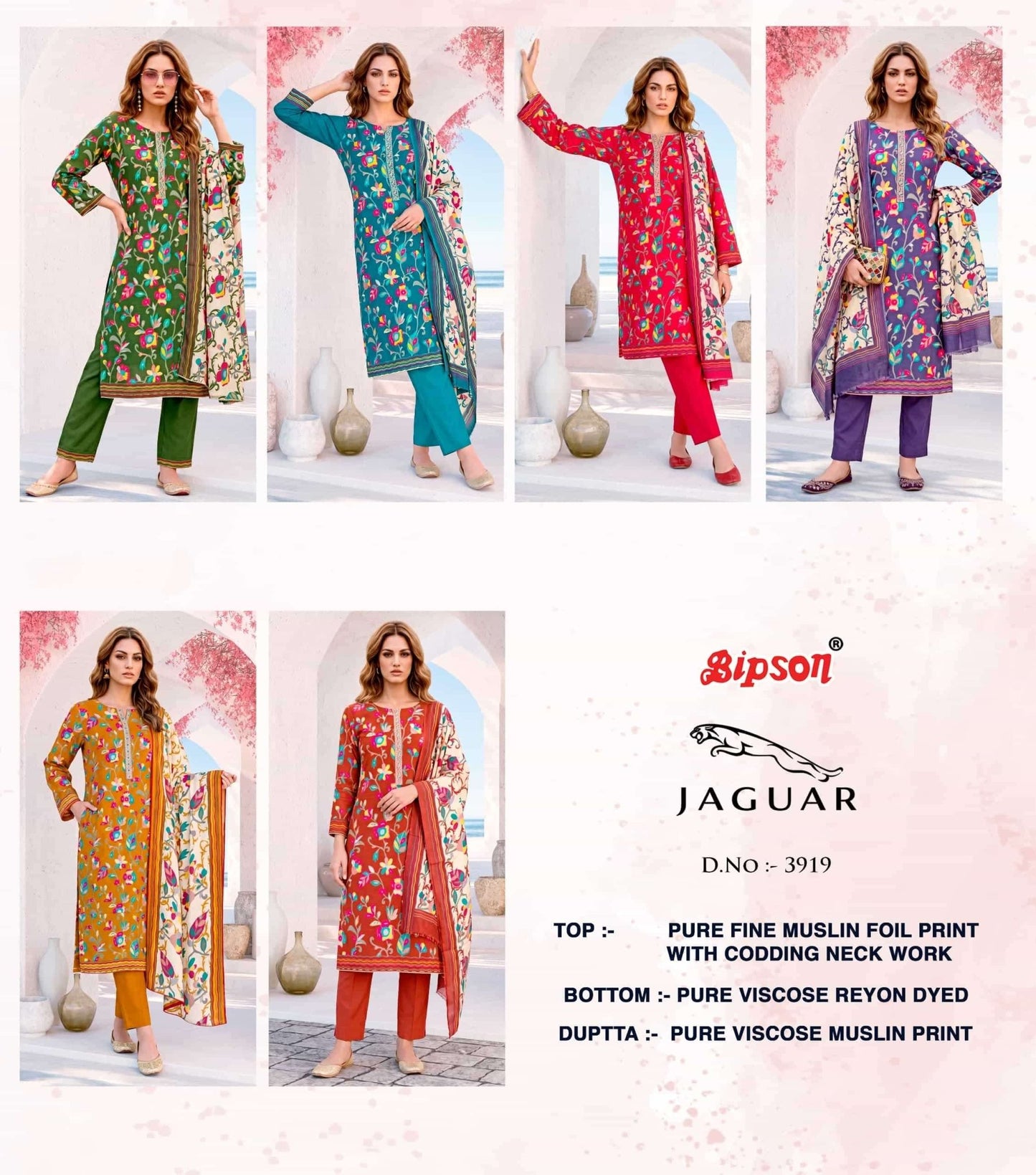 Bipson Jaguar 3919 Fine Muslin Foil Print Dress Material - Amrah Wholesale
