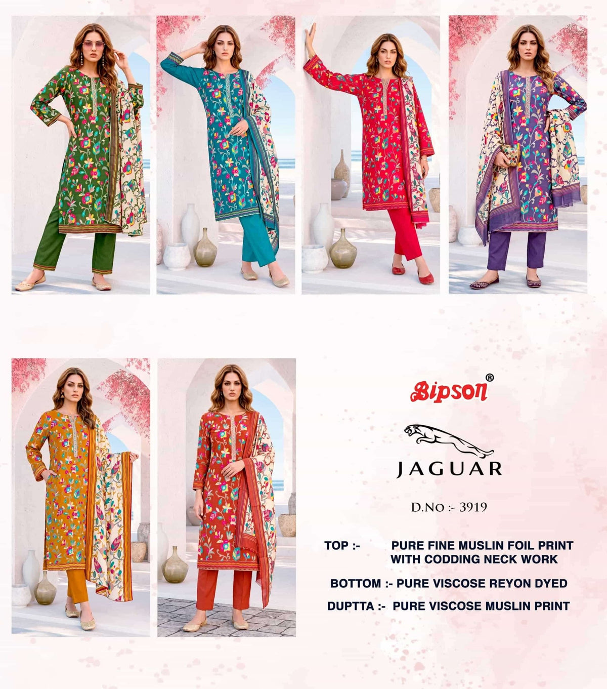 Bipson Jaguar 3919 Fine Muslin Foil Print Dress Material - Amrah Wholesale