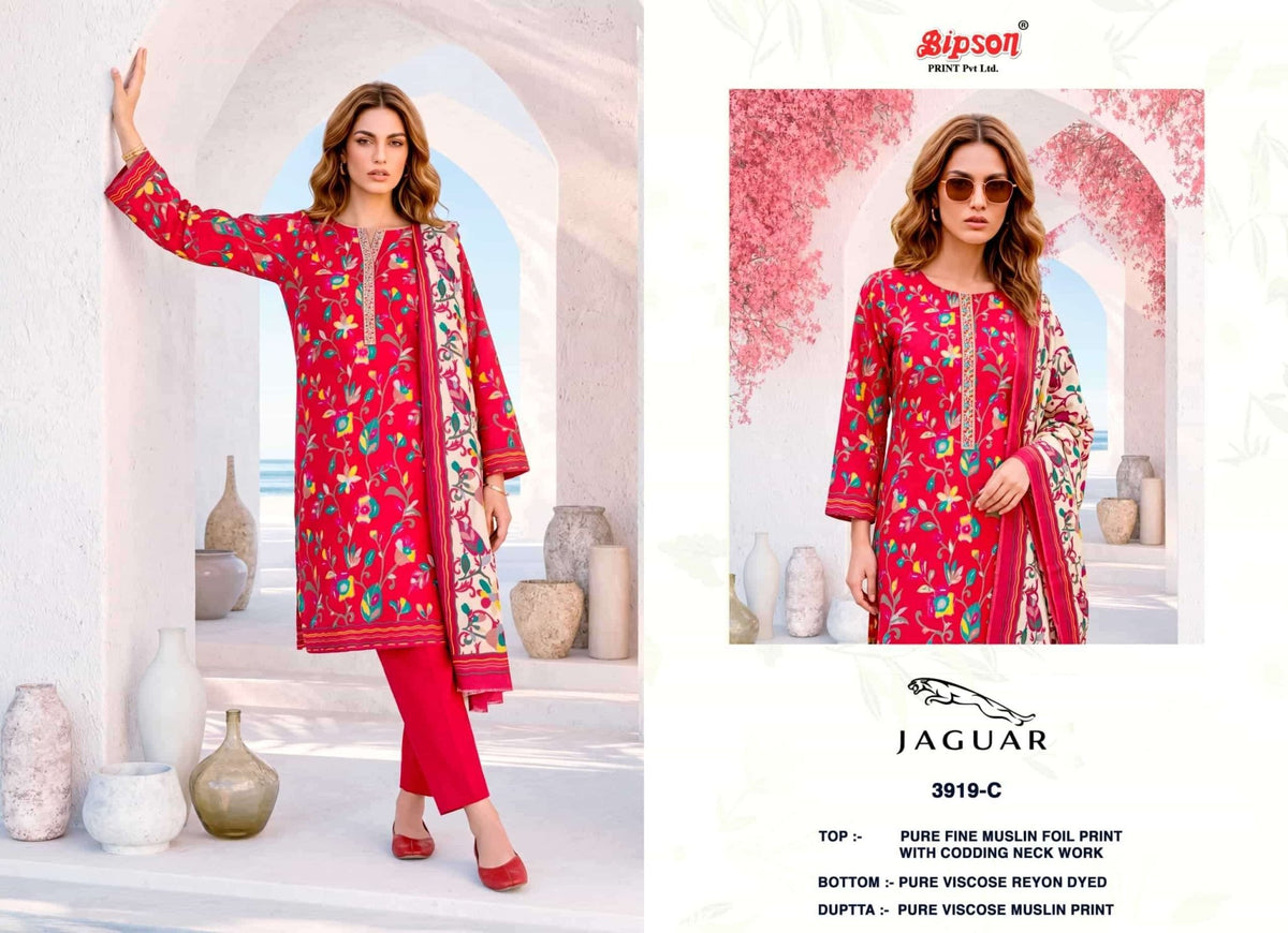 Bipson Jaguar 3919 Fine Muslin Foil Print Dress Material - Amrah Wholesale
