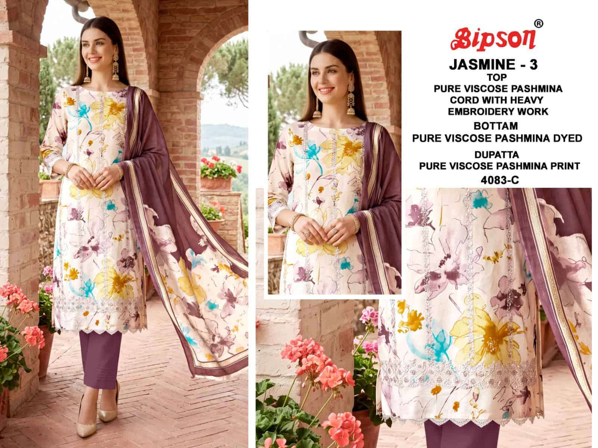 Bipson Jasmine Vol 3 4083 Pure Viscose Pashmina Heavy Embroidered Dress Material