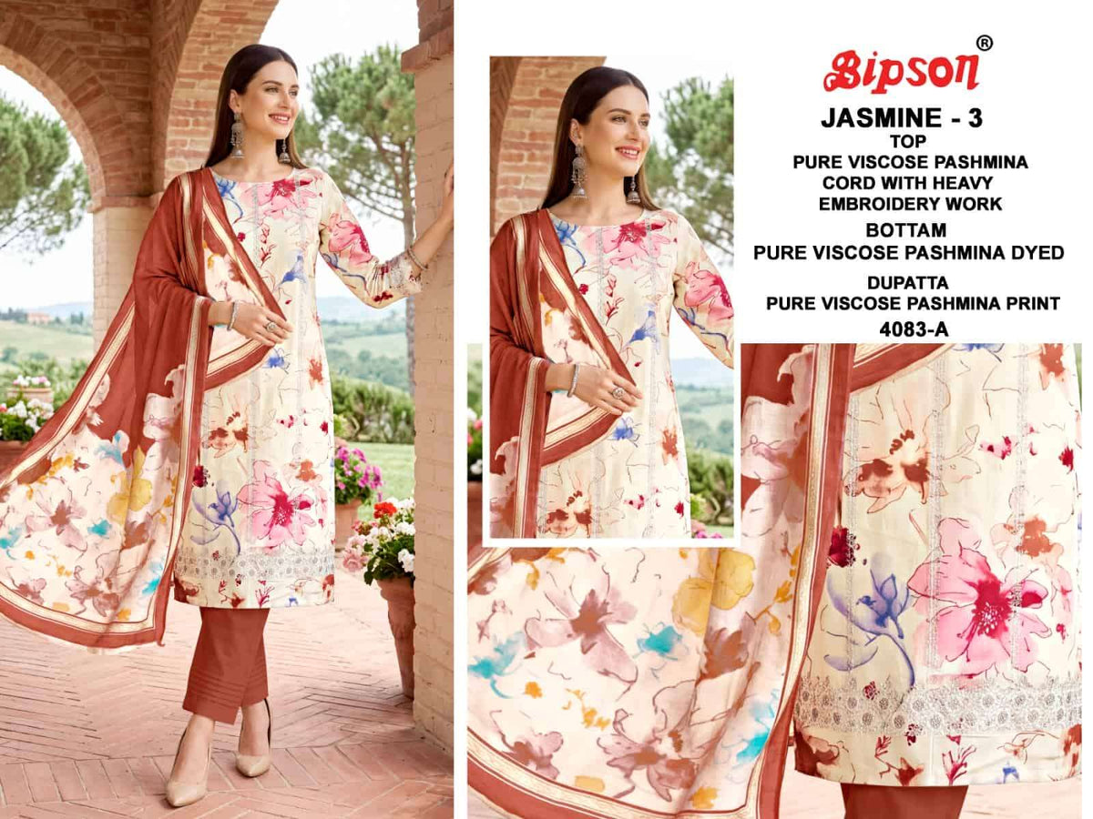 Bipson Jasmine Vol 3 4083 Pure Viscose Pashmina Heavy Embroidered Dress Material