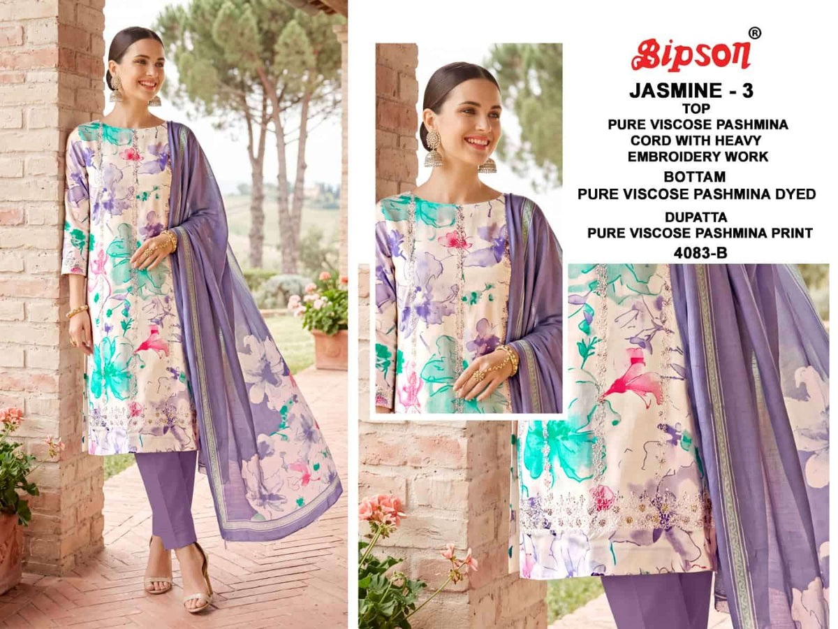 Bipson Jasmine Vol 3 4083 Pure Viscose Pashmina Heavy Embroidered Dress Material