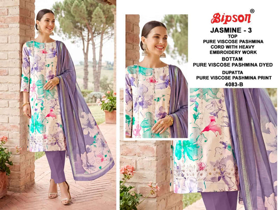 Bipson Jasmine Vol 3 4083 Pure Viscose Pashmina Heavy Embroidered Dress Material