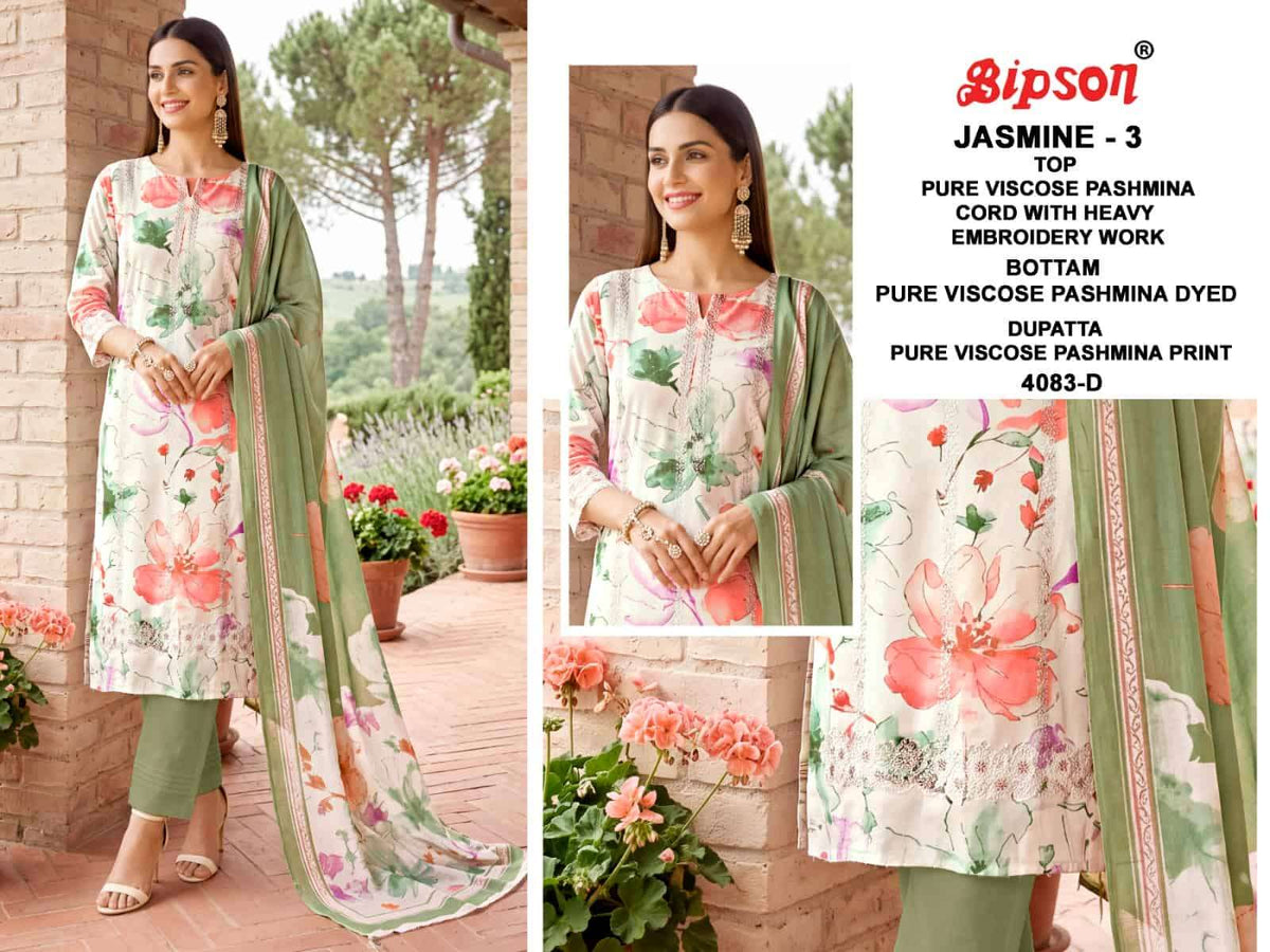Bipson Jasmine Vol 3 4083 Pure Viscose Pashmina Heavy Embroidered Dress Material