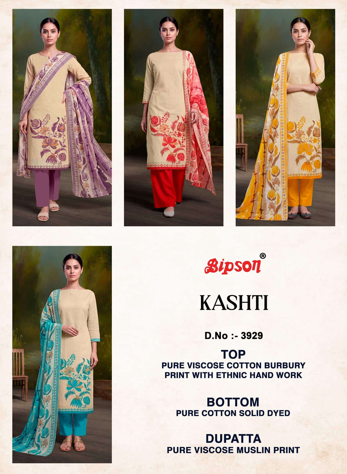 Bipson Kashti 3929 Viscose Cotton Pakistani Suit