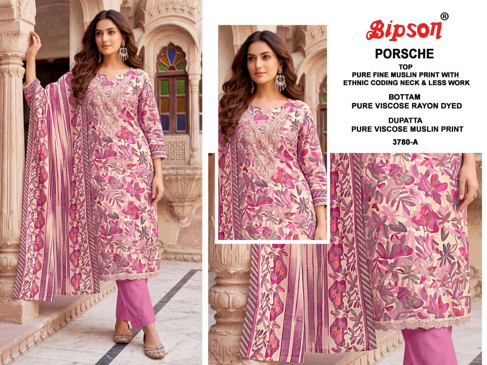 Bipson Porsche 3780 Pure Muslin Dress Material - Amrah Wholesale
