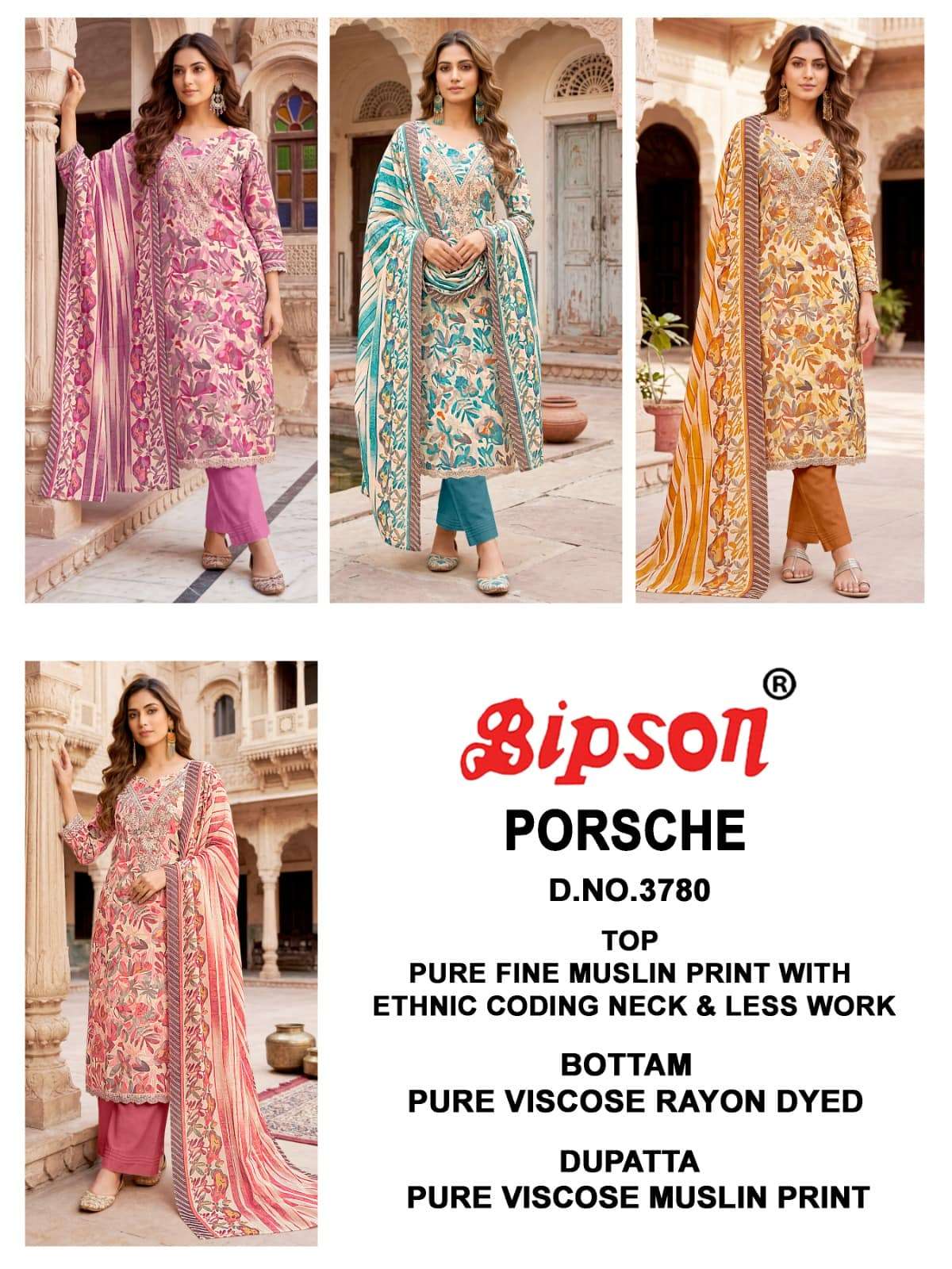 Bipson Porsche 3780 Pure Muslin Dress Material - Amrah Wholesale
