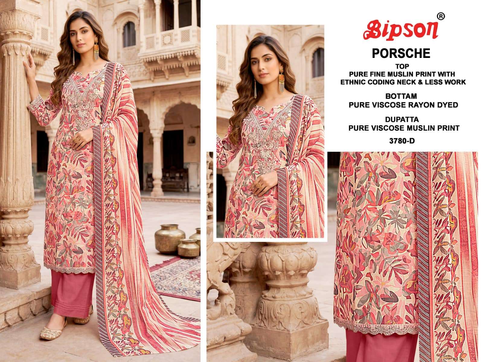 Bipson Porsche 3780 Pure Muslin Dress Material - Amrah Wholesale