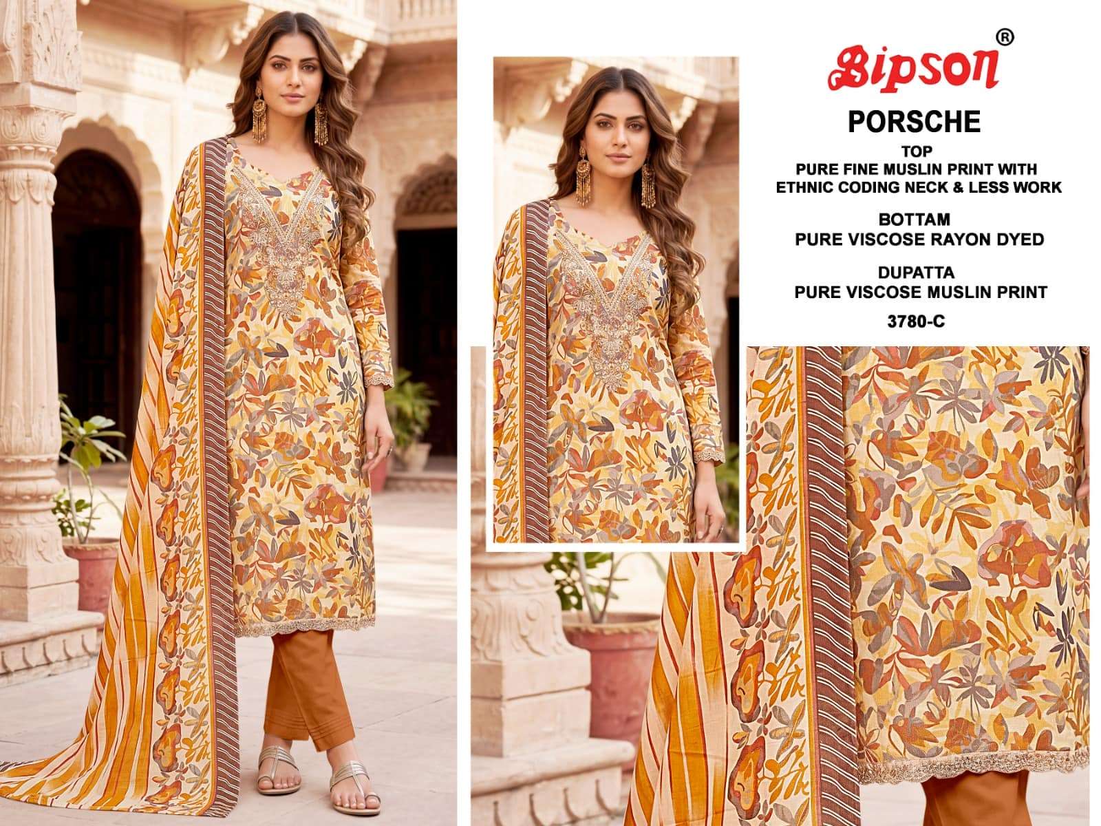 Bipson Porsche 3780 Pure Muslin Dress Material - Amrah Wholesale