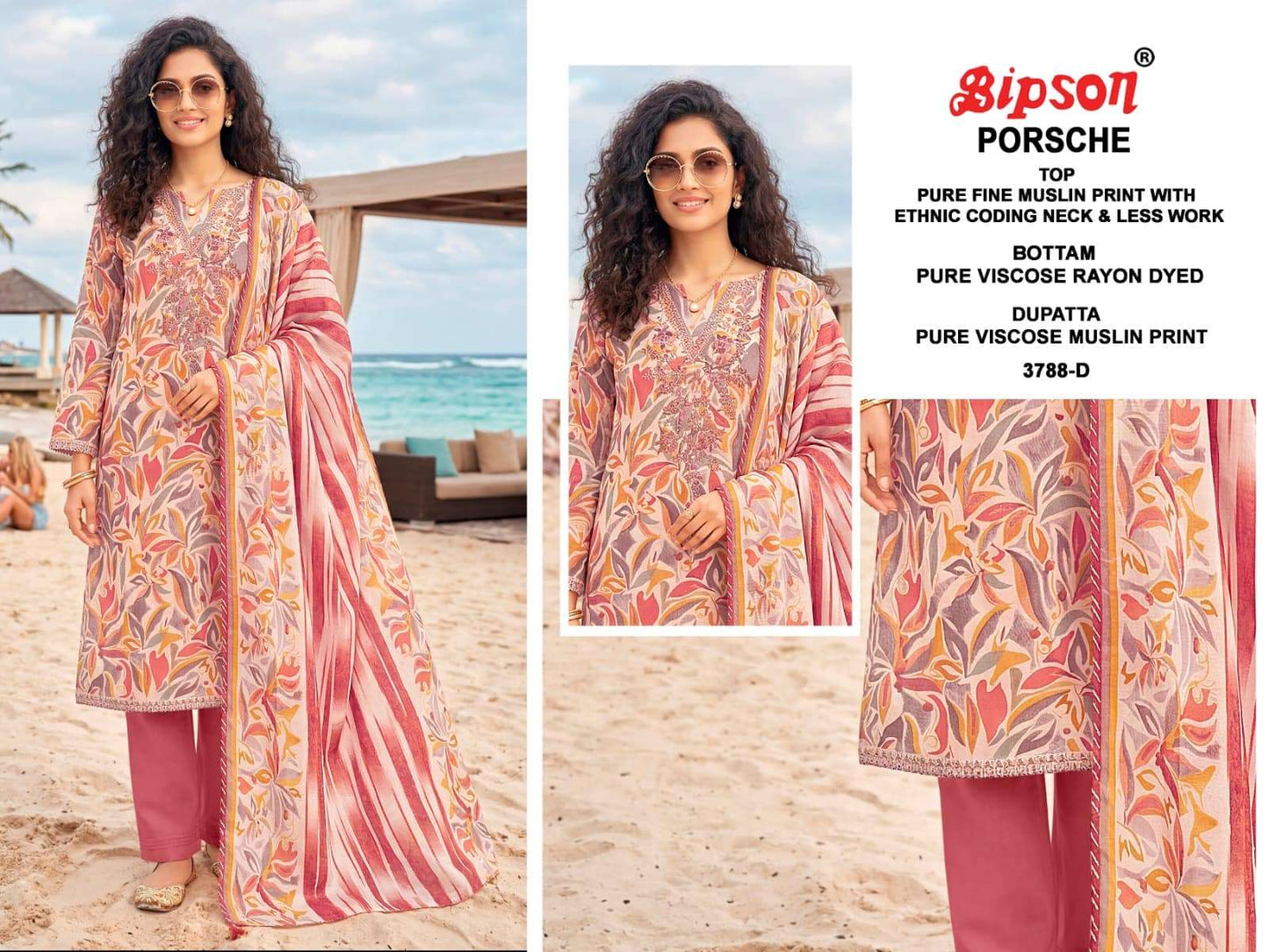 Bipson Porsche 3788 Pure Muslin Dress Material - Amrah Wholesale