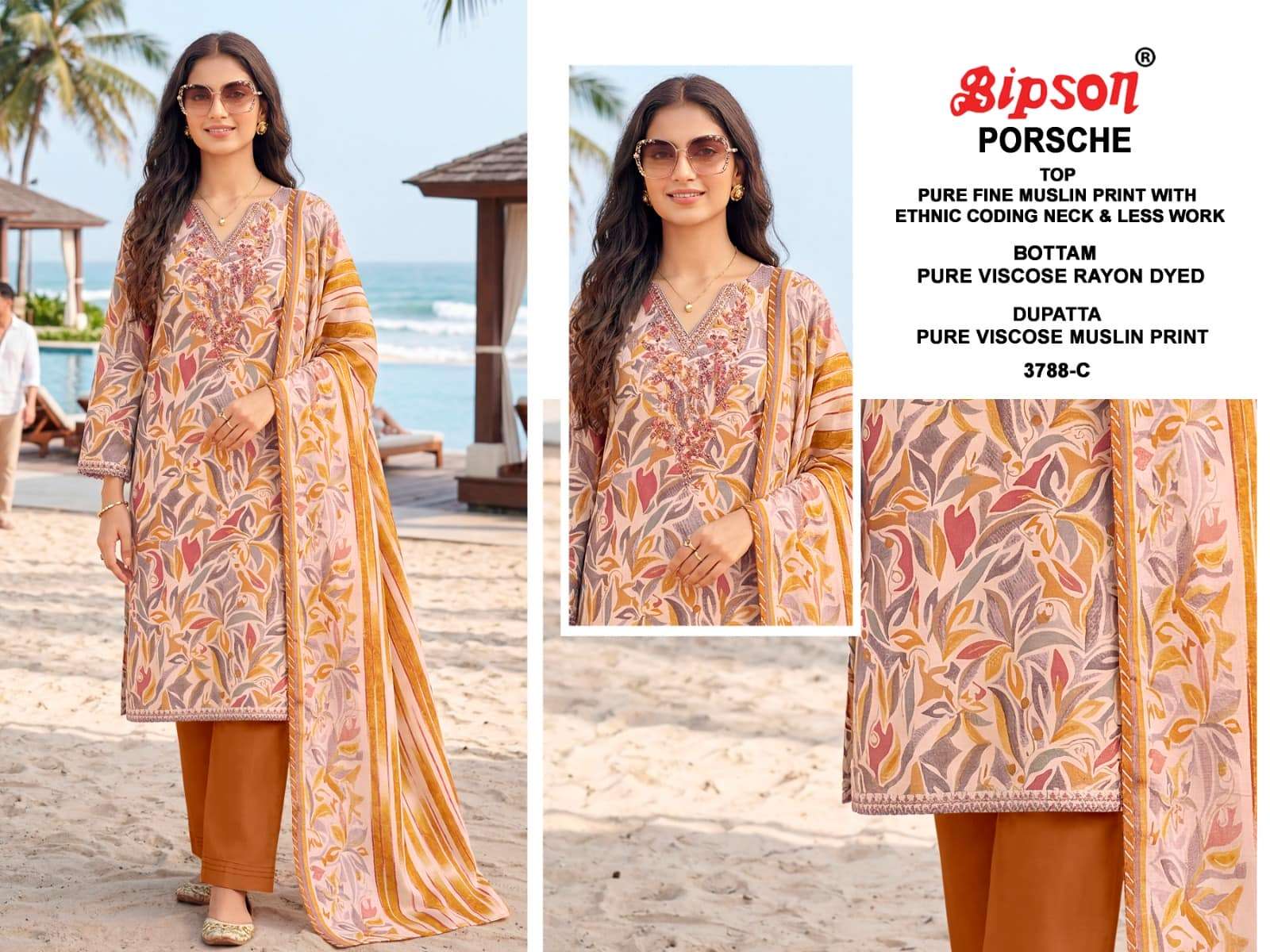 Bipson Porsche 3788 Pure Muslin Dress Material - Amrah Wholesale