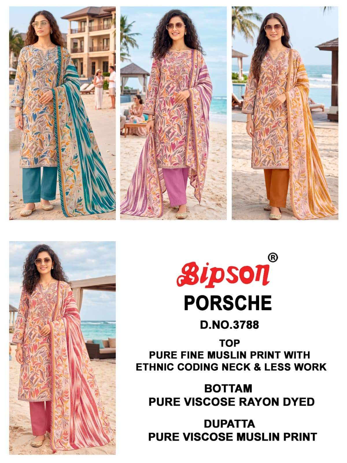 Bipson Porsche 3788 Pure Muslin Dress Material - Amrah Wholesale
