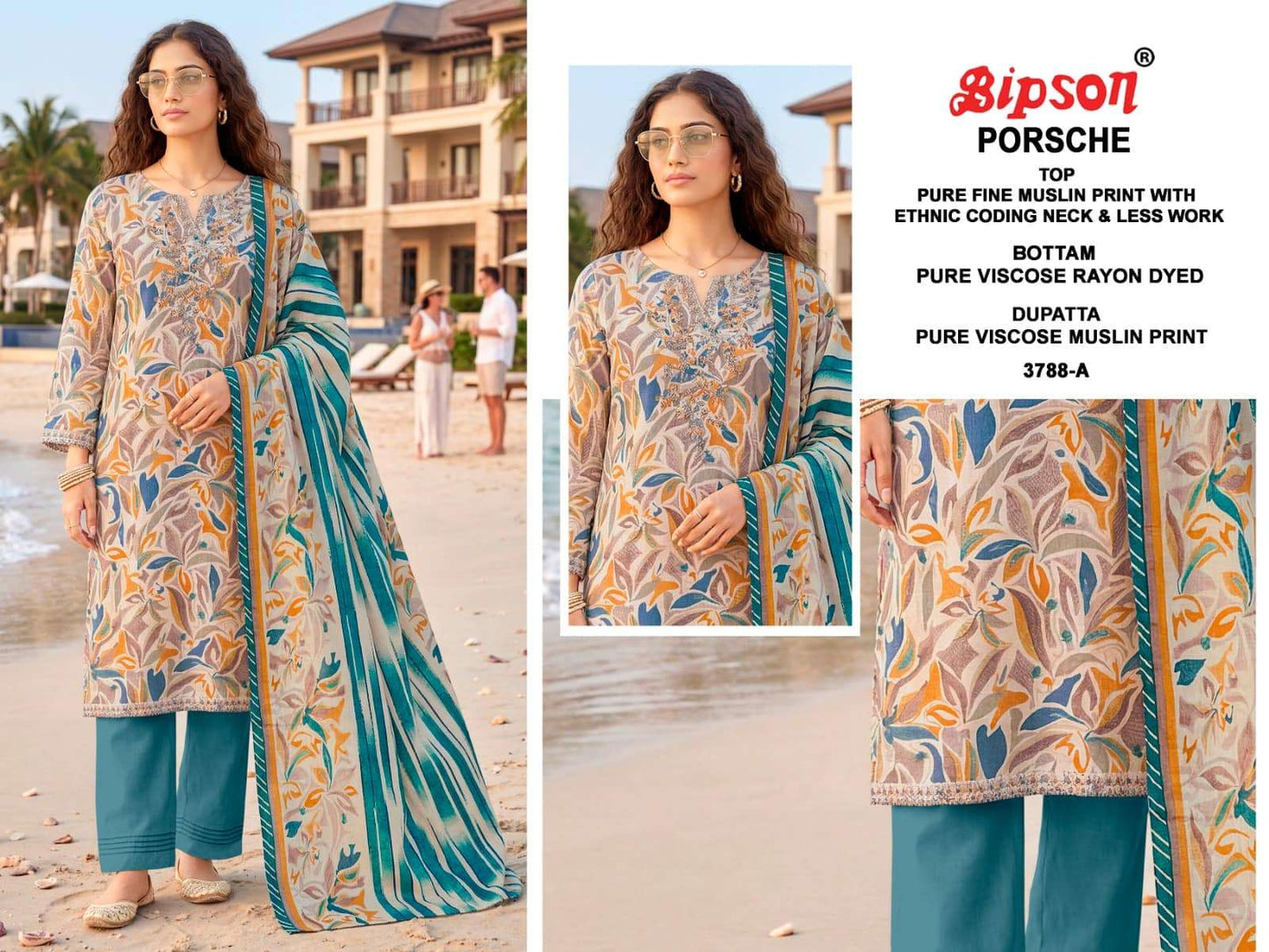 Bipson Porsche 3788 Pure Muslin Dress Material - Amrah Wholesale