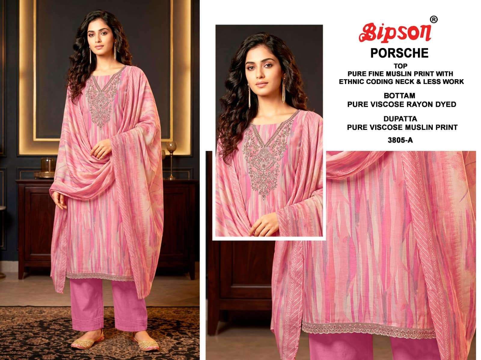 Bipson Porsche 3805 Pure Muslin Dress Material - Amrah Wholesale