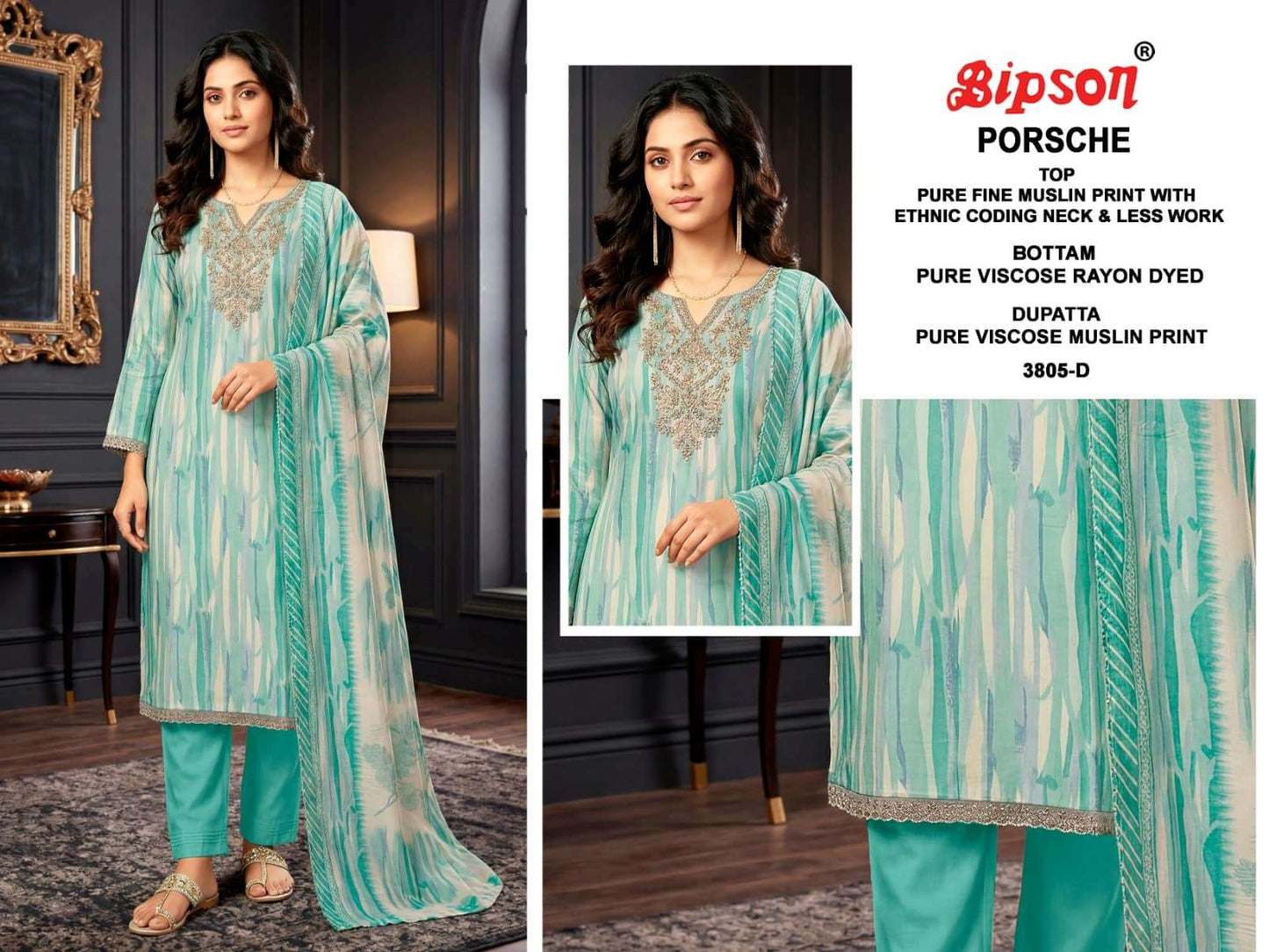 Bipson Porsche 3805 Pure Muslin Dress Material - Amrah Wholesale