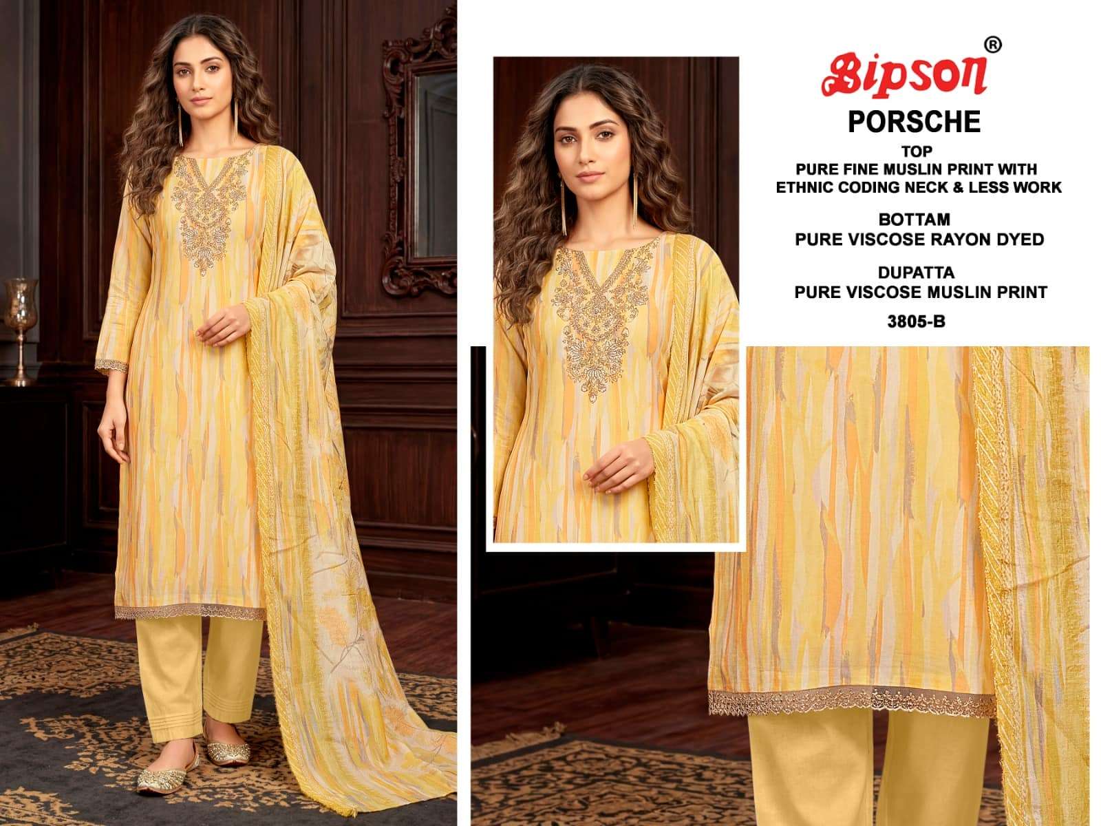 Bipson Porsche 3805 Pure Muslin Dress Material - Amrah Wholesale