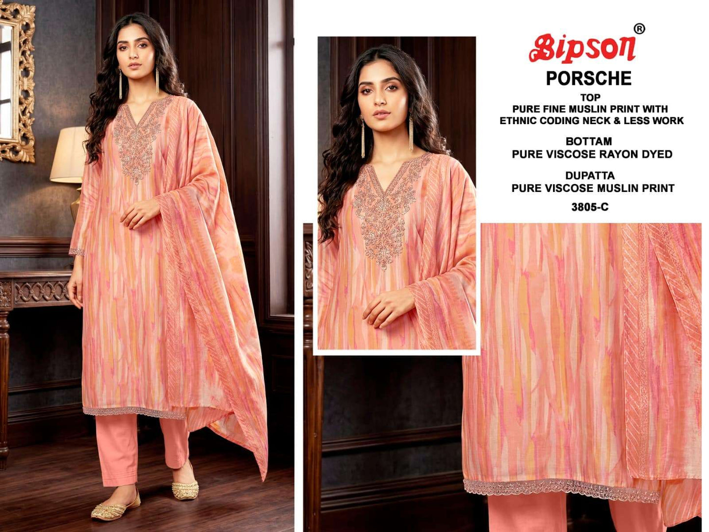 Bipson Porsche 3805 Pure Muslin Dress Material - Amrah Wholesale