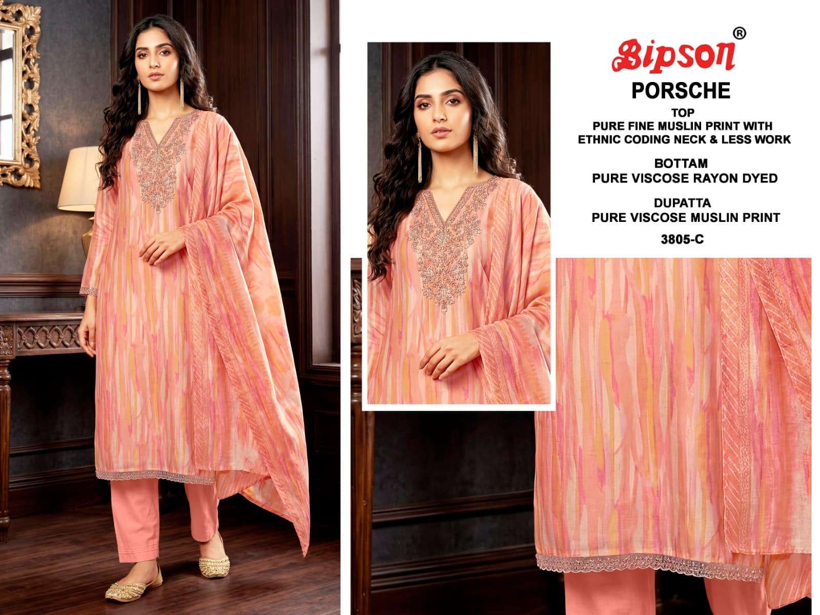 Bipson Porsche 3805 Pure Muslin Dress Material - Amrah Wholesale