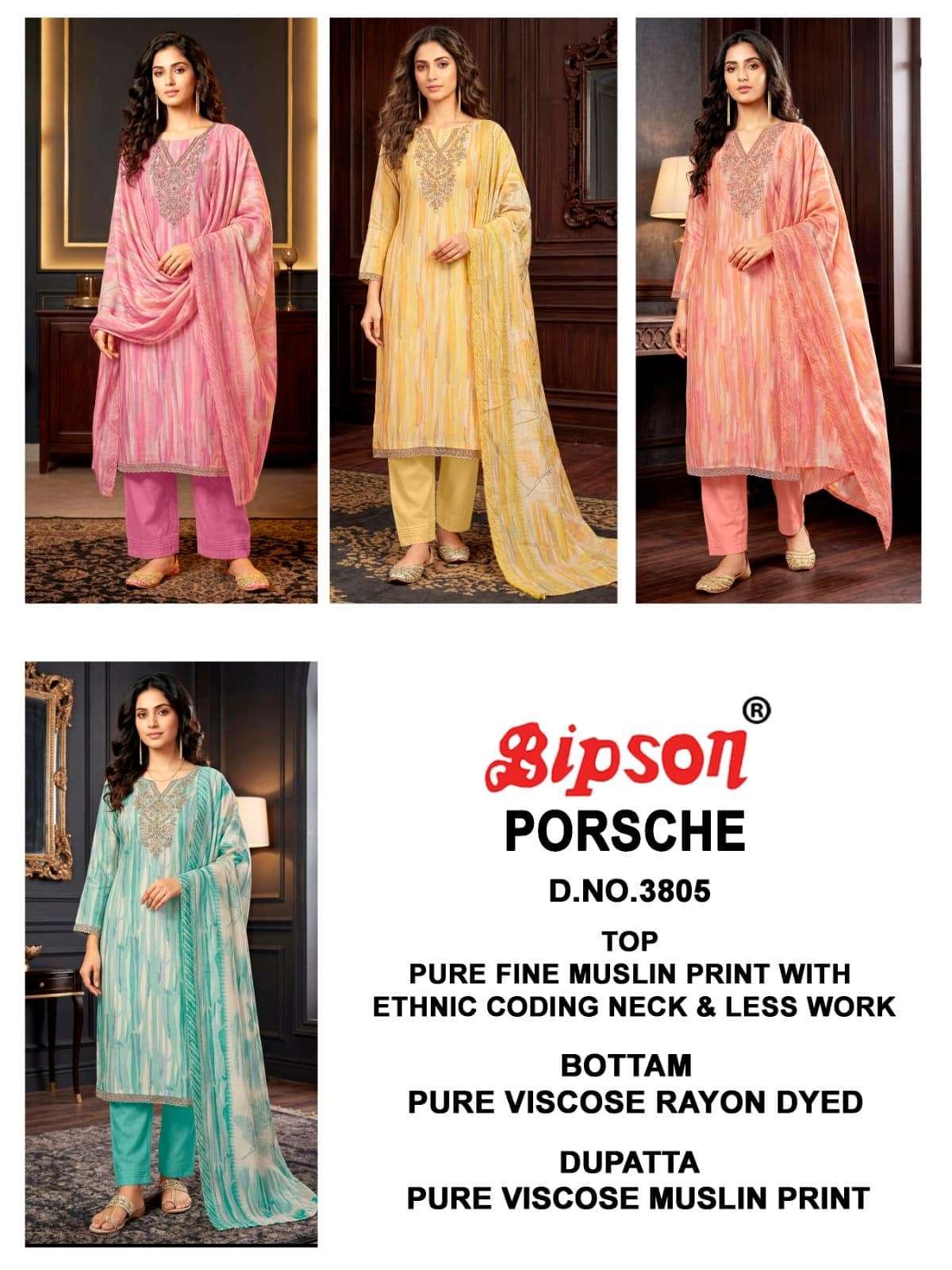 Bipson Porsche 3805 Pure Muslin Dress Material - Amrah Wholesale