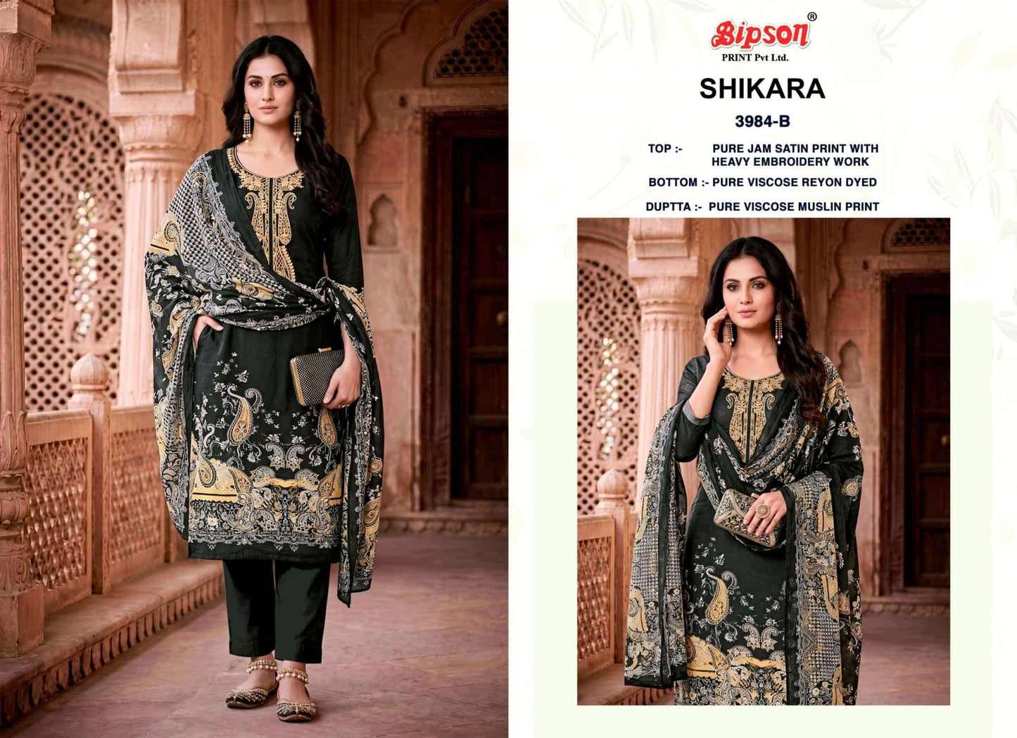 Bipson Shikara 3984 Pure Jam Satin Heavy Embroidered Dress Material - Amrah Wholesale