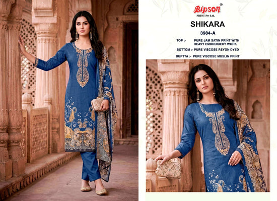 Bipson Shikara 3984 Pure Jam Satin Heavy Embroidered Dress Material - Amrah Wholesale