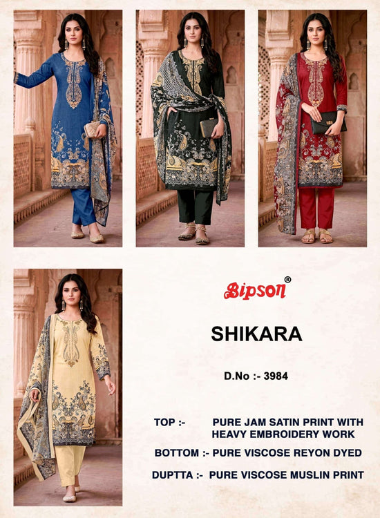 Bipson Shikara 3984 Pure Jam Satin Heavy Embroidered Dress Material - Amrah Wholesale