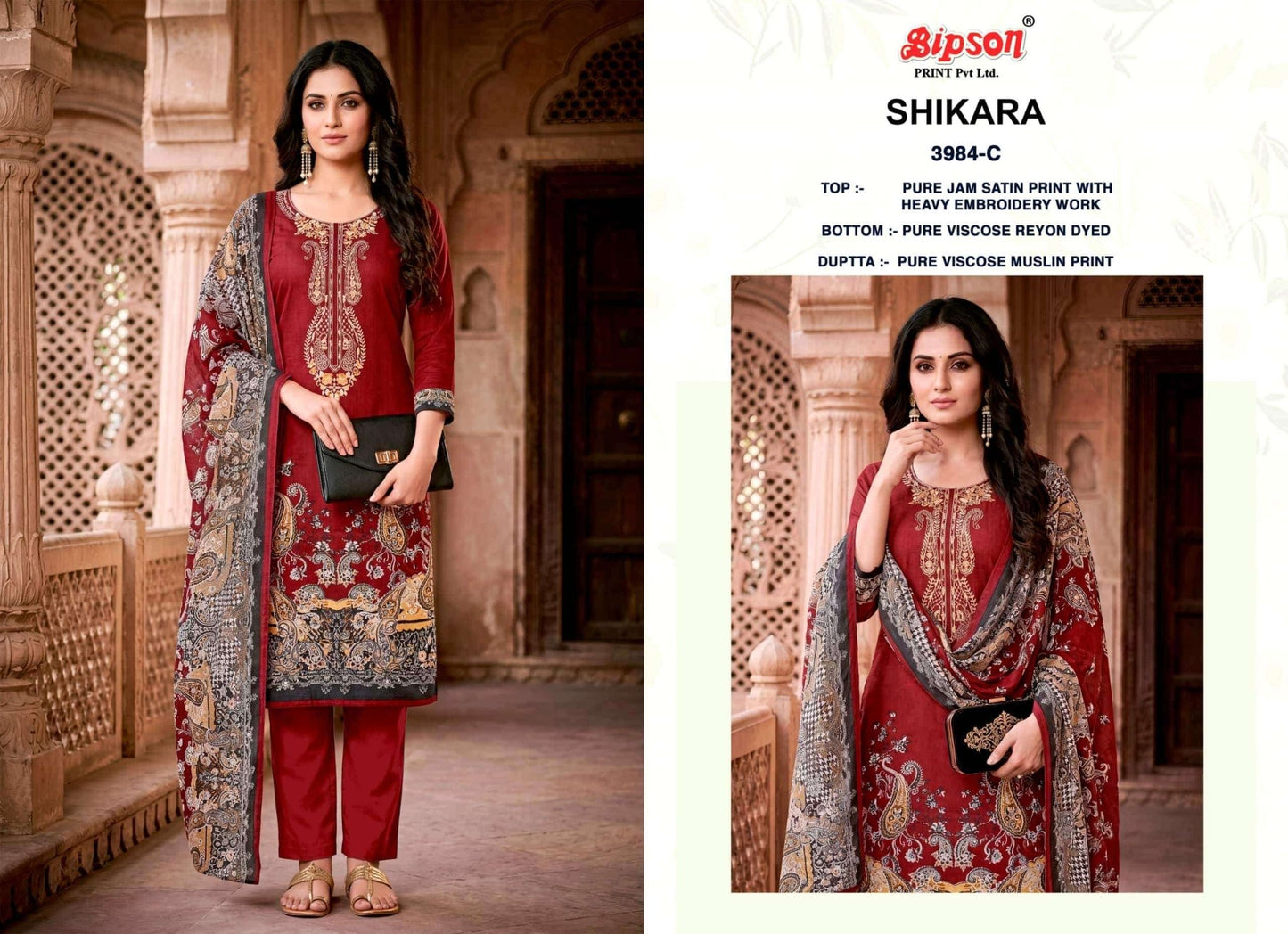 Bipson Shikara 3984 Pure Jam Satin Heavy Embroidered Dress Material - Amrah Wholesale