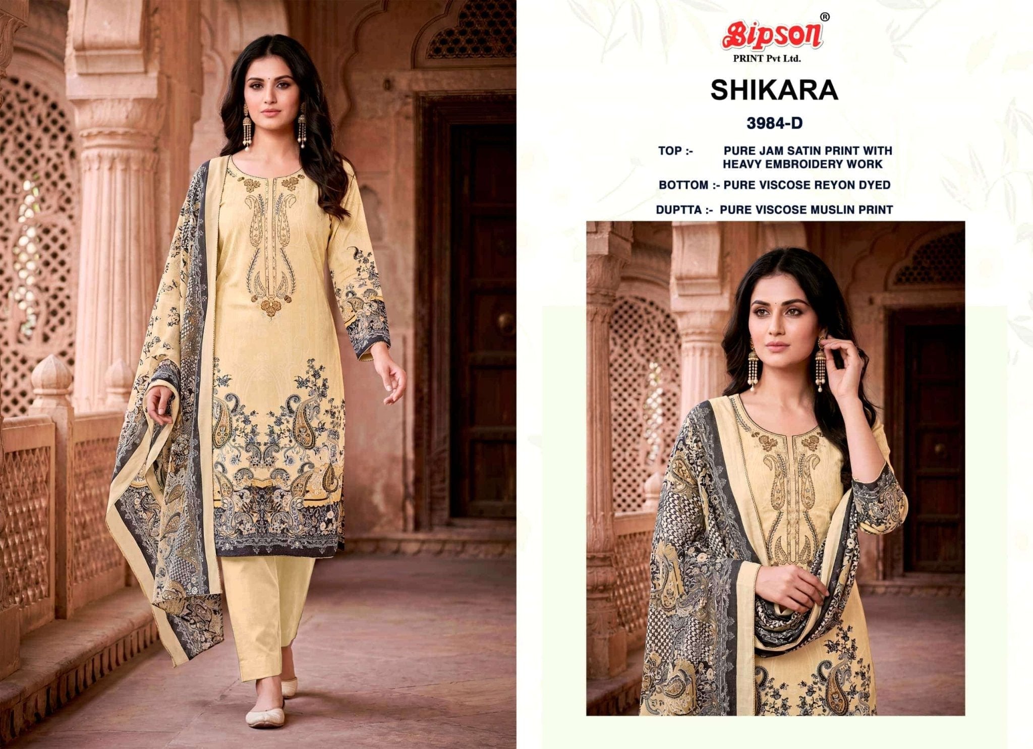 Bipson Shikara 3984 Pure Jam Satin Heavy Embroidered Dress Material - Amrah Wholesale