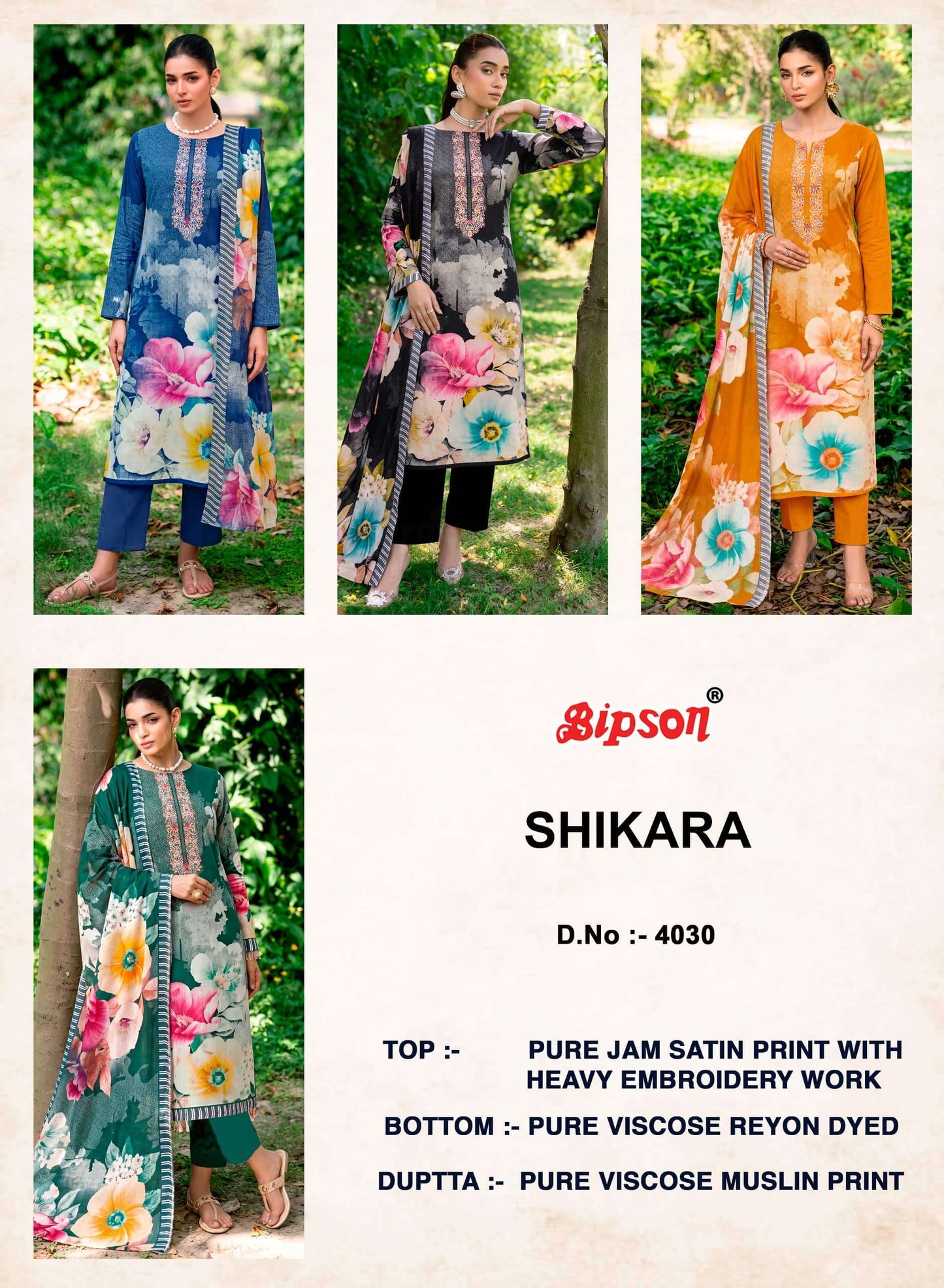 Bipson Shikara 4030 Heavy Embroidery Jam Satin Dress Material