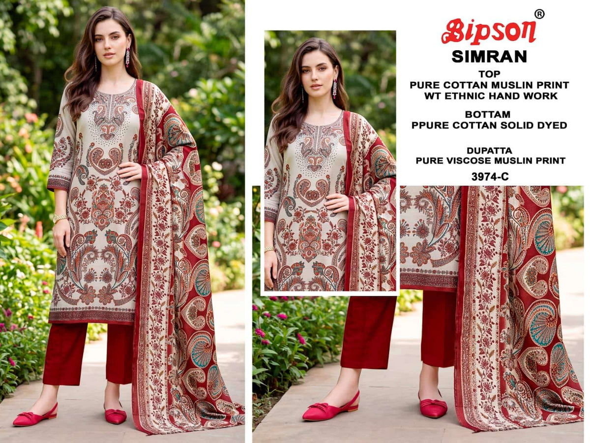 Bipson Simran 3974 Pure Cotton Muslin Dress Material - Amrah Wholesale