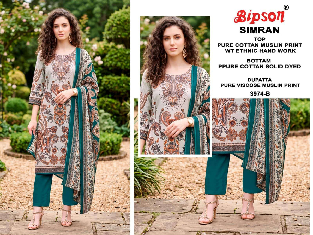 Bipson Simran 3974 Pure Cotton Muslin Dress Material - Amrah Wholesale