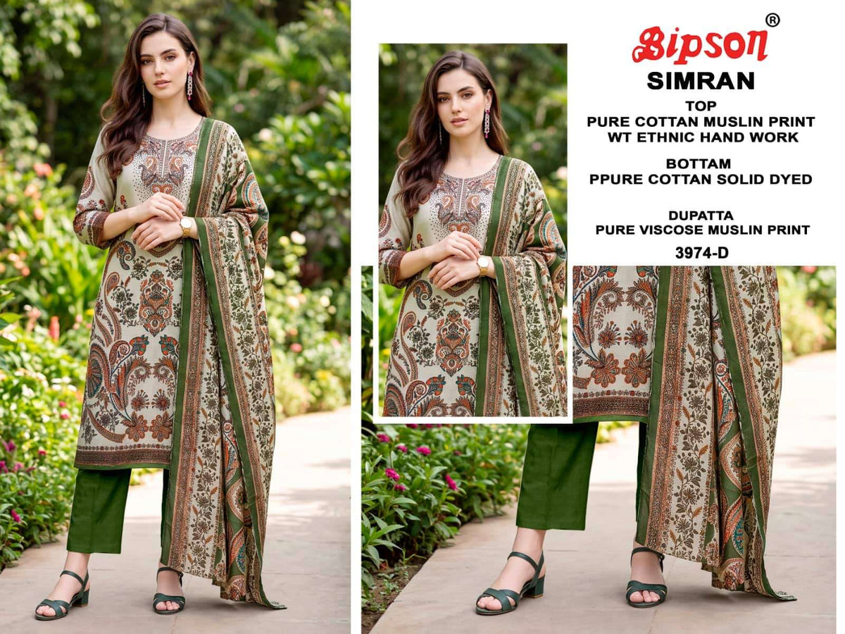 Bipson Simran 3974 Pure Cotton Muslin Dress Material - Amrah Wholesale