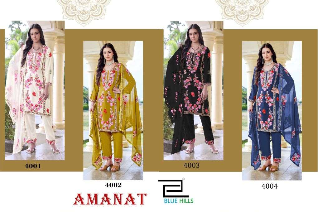 BLUE HILLS AMANAT Rayon Heavy Work Kurti Pant Dupatta Set - Amrah Wholesale