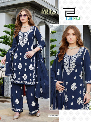 BLUE HILLS ASHIYA Rayon Embroidered Kurti Pant Dupatta Set