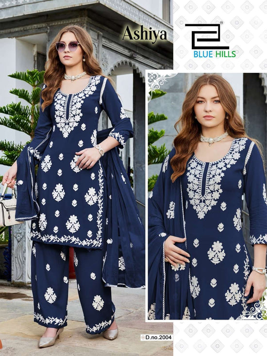 BLUE HILLS ASHIYA Rayon Embroidered Kurti Pant Dupatta Set