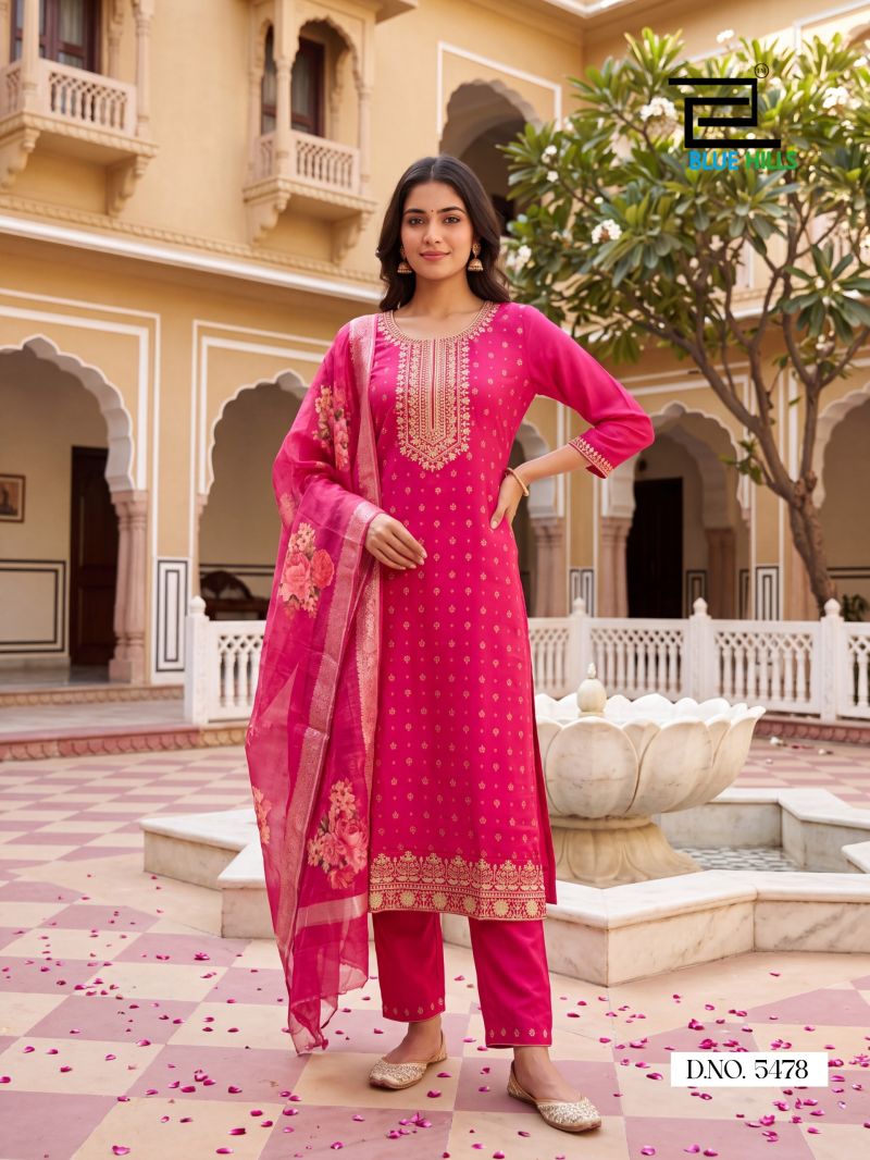 Blue Hills Cherry Mul Chanderi Kurti Pant Dupatta Set