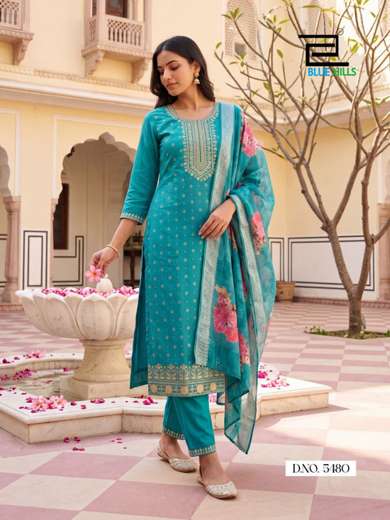 Blue Hills Cherry Mul Chanderi Kurti Pant Dupatta Set