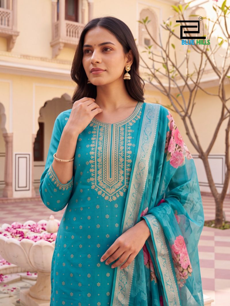 Blue Hills Cherry Mul Chanderi Kurti Pant Dupatta Set