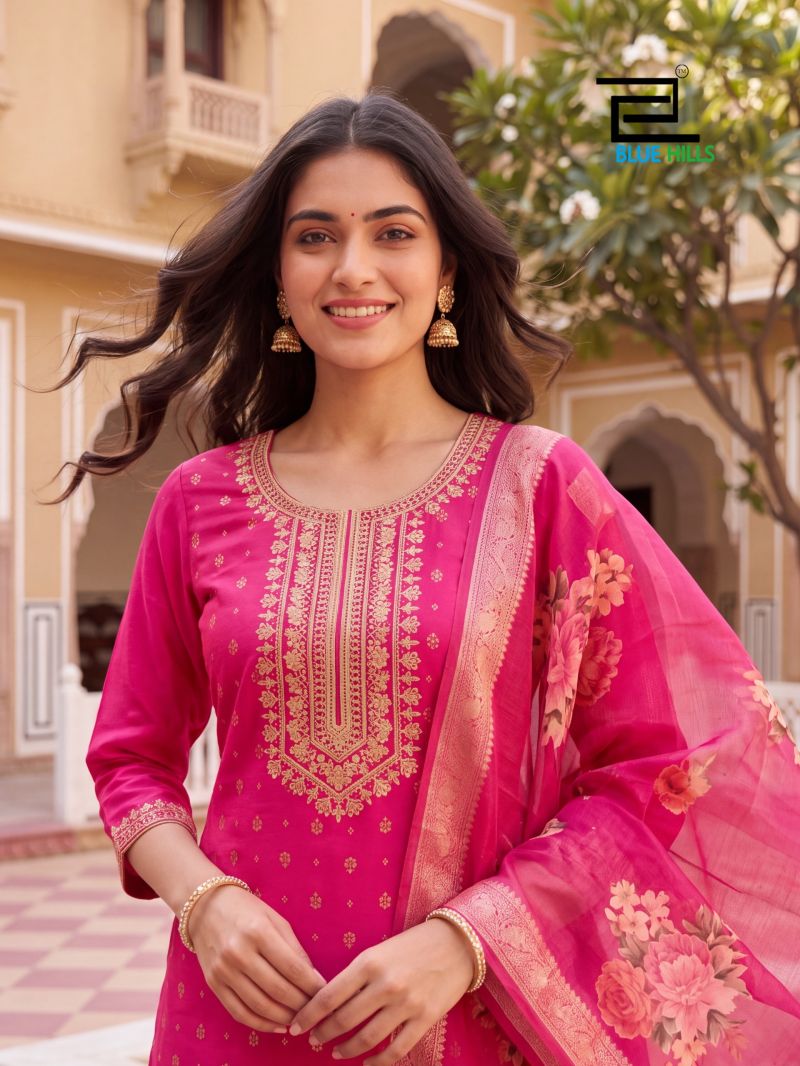 Blue Hills Cherry Mul Chanderi Kurti Pant Dupatta Set
