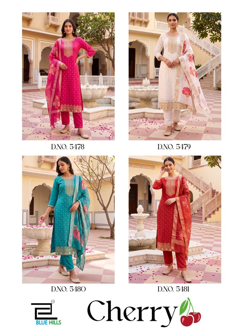 Blue Hills Cherry Mul Chanderi Kurti Pant Dupatta Set