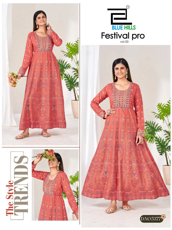 Blue Hills Festival Pro Vol 20 Rayon Neck Embroidered Long Kurti - Amrah Wholesale