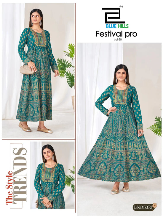 Blue Hills Festival Pro Vol 20 Rayon Neck Embroidered Long Kurti - Amrah Wholesale