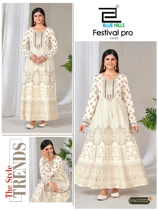 Blue Hills Festival Pro Vol 20 Rayon Neck Embroidered Long Kurti - Amrah Wholesale