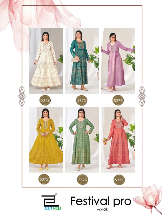 Blue Hills Festival Pro Vol 20 Rayon Neck Embroidered Long Kurti - Amrah Wholesale