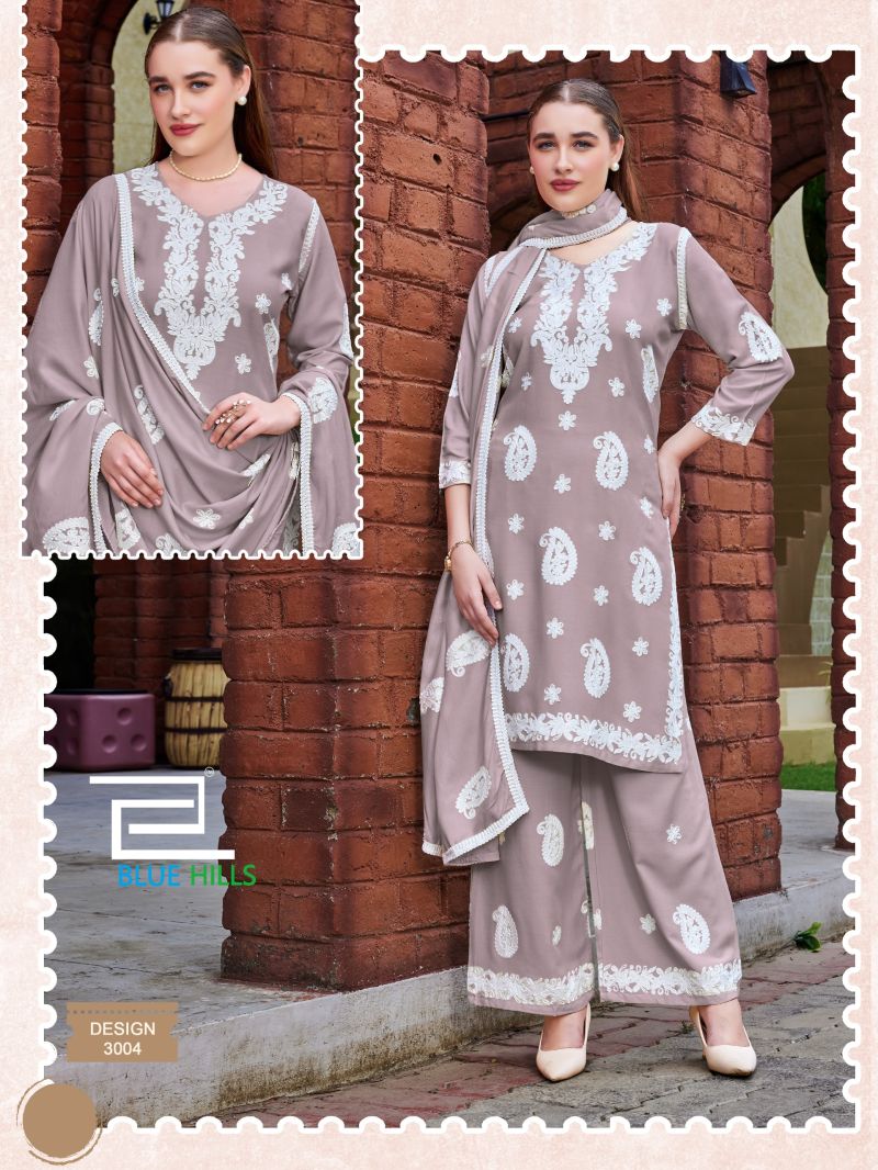 Blue Hills Firdose Rayon Thread Work Stitched Kurti Pant Dupatta Set