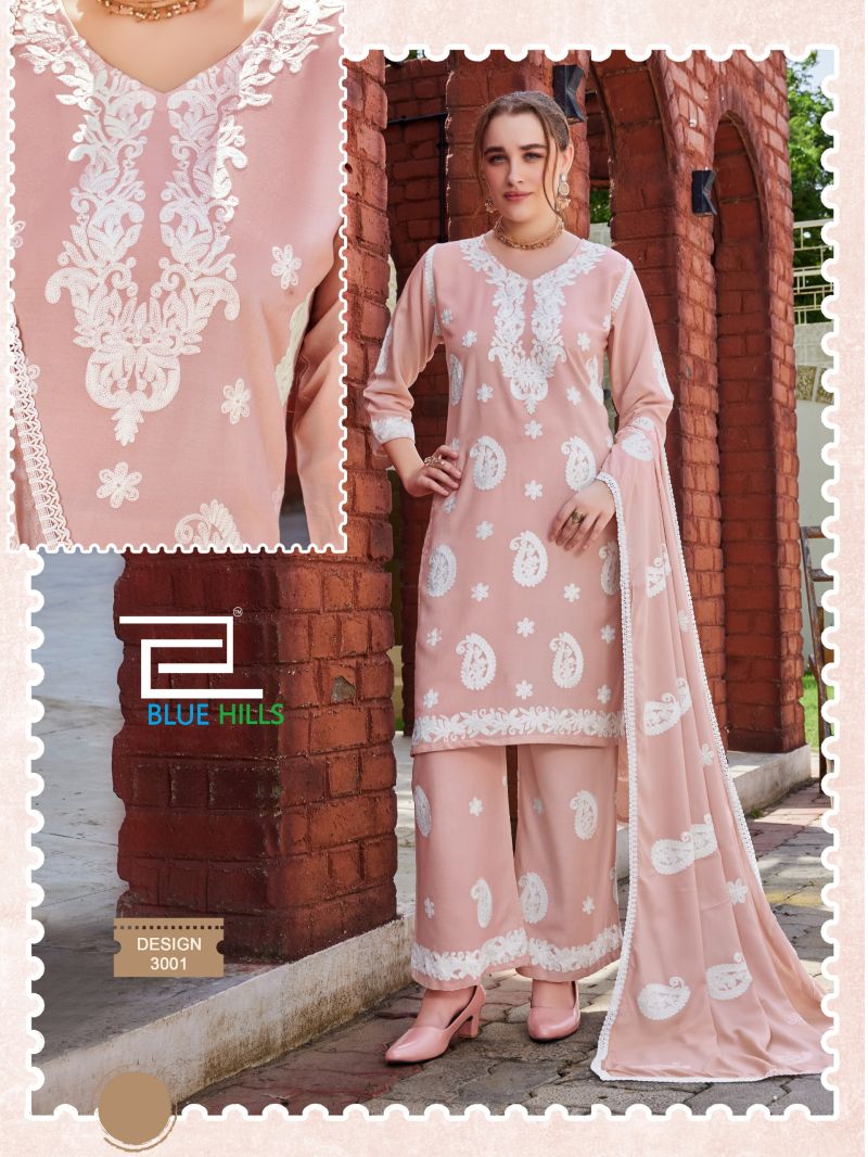 Blue Hills Firdose Rayon Thread Work Stitched Kurti Pant Dupatta Set