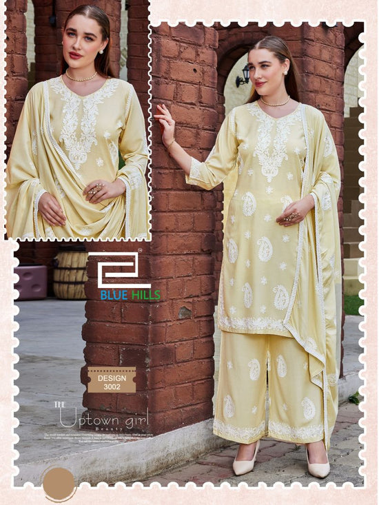 Blue Hills Firdose Rayon Thread Work Stitched Kurti Pant Dupatta Set