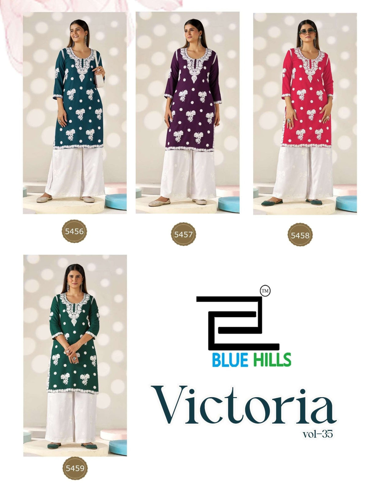 Blue Hills Victoria Vol-35 5456 To 5459 Series Rayon Thread Work Kurtis - Amrah Wholesale