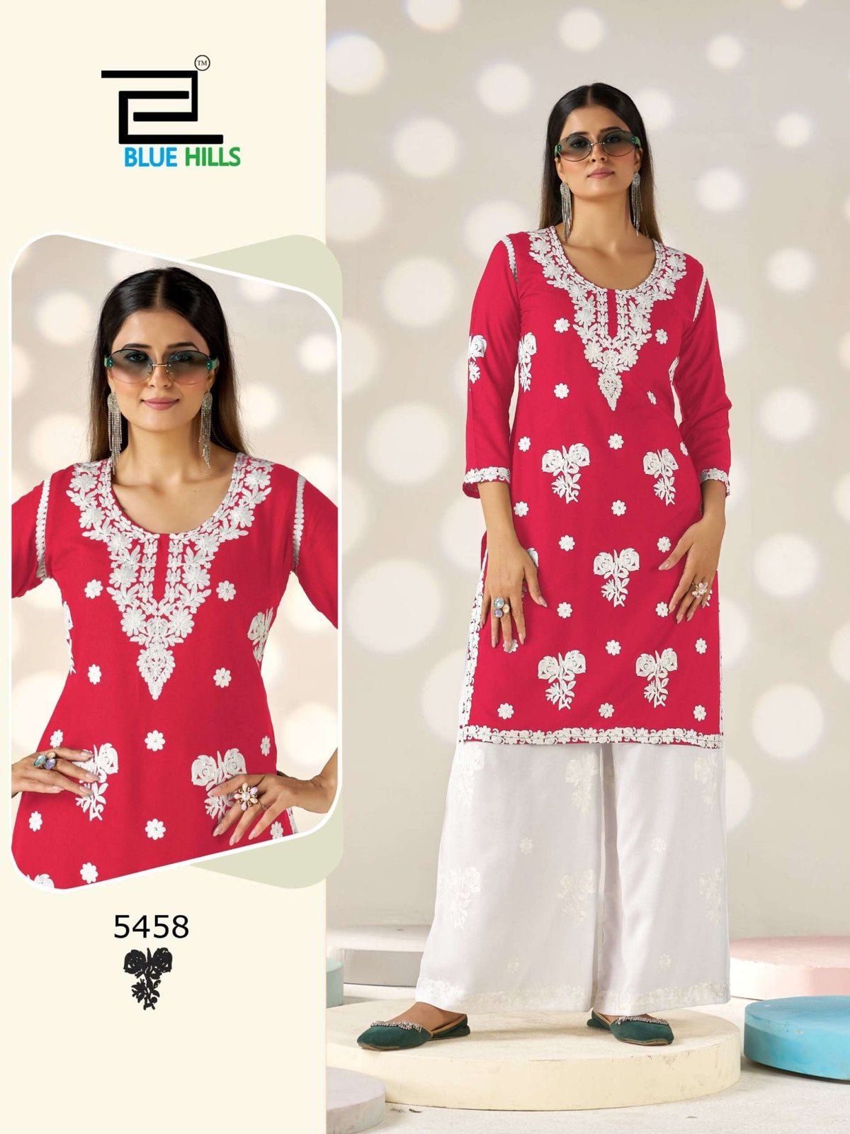 Blue Hills Victoria Vol-35 5456 To 5459 Series Rayon Thread Work Kurtis - Amrah Wholesale