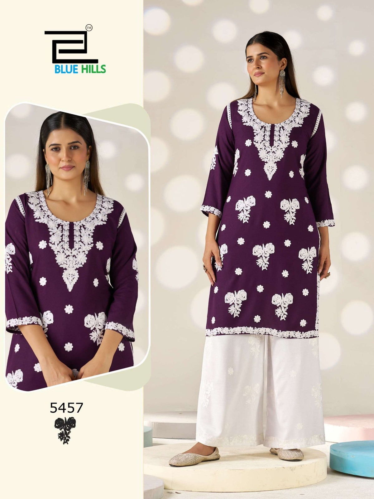Blue Hills Victoria Vol-35 5456 To 5459 Series Rayon Thread Work Kurtis - Amrah Wholesale
